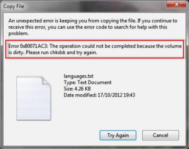 Error 0x80071AC3: Volume is dirty